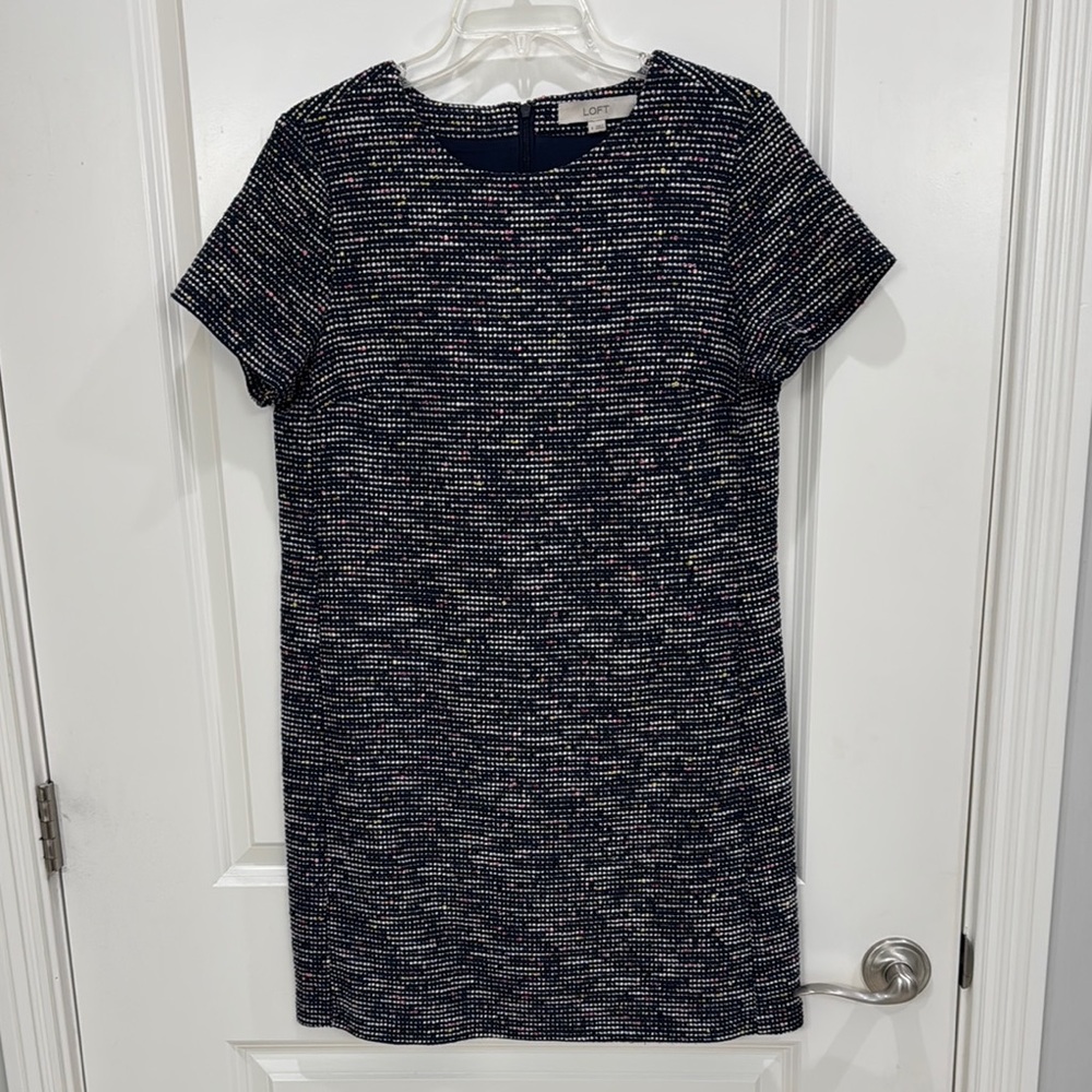 LOFT Blue and White Mini Sheath Dress with Short Sleeves and Crew Neck